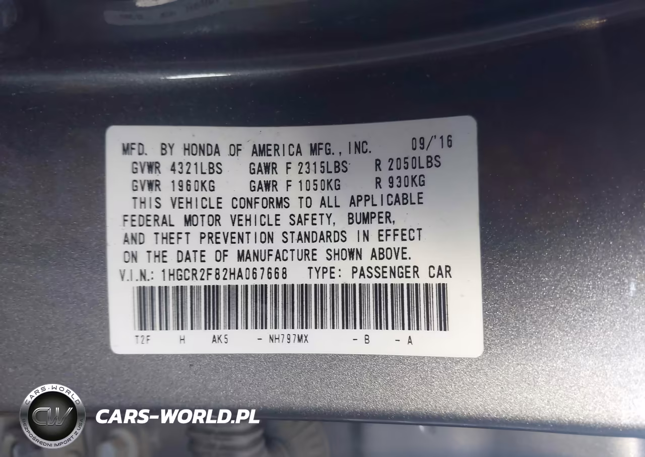 2017 Honda Accord Ex-L VIN:1HGCR2F82HA067668 - 9