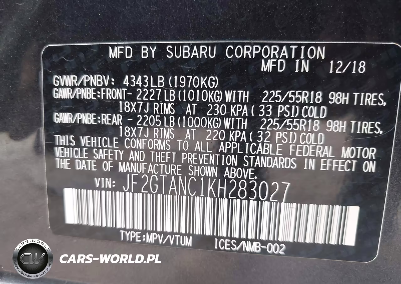 2019 Subaru Crosstrek 2.0I Limited VIN:JF2GTANC1KH283027 - 9
