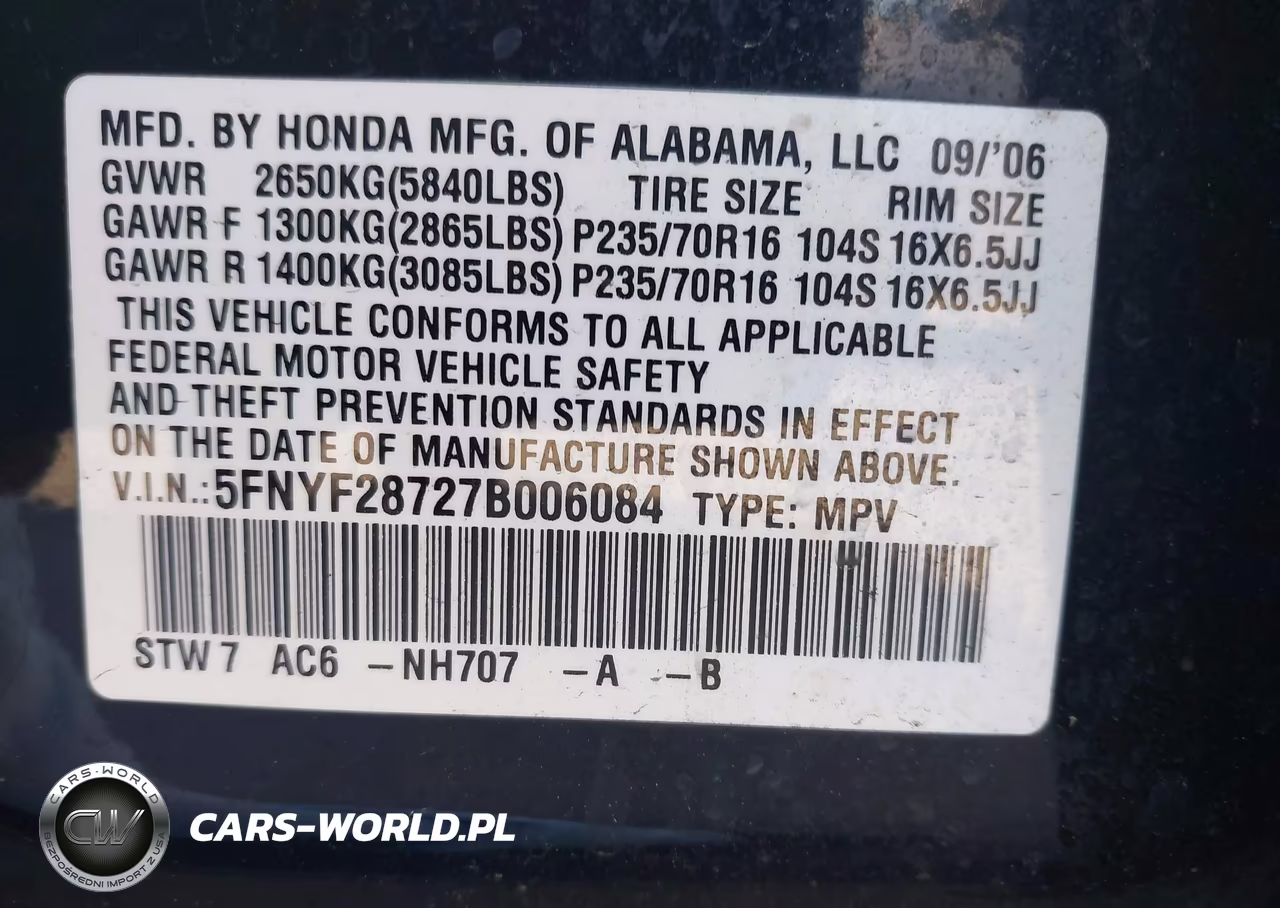 2007 Honda Pilot Ex-L VIN:5FNYF28727B006084 - 9