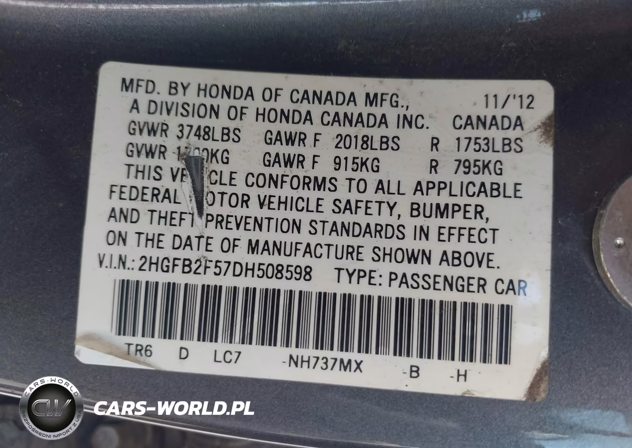 2013 Honda Civic Lx VIN:2HGFB2F57DH508598 - 9