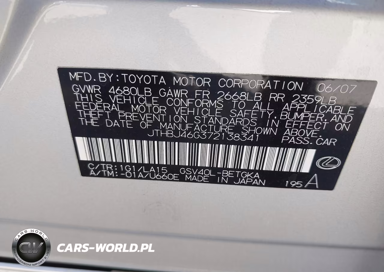 2007 Lexus Es 350 VIN:JTHBJ46G372138341 - 9