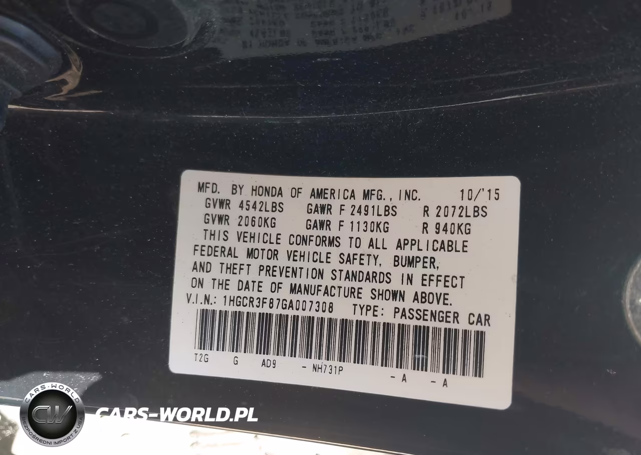 2016 Honda Accord Ex-L V-6 VIN:1HGCR3F87GA007308 - 9