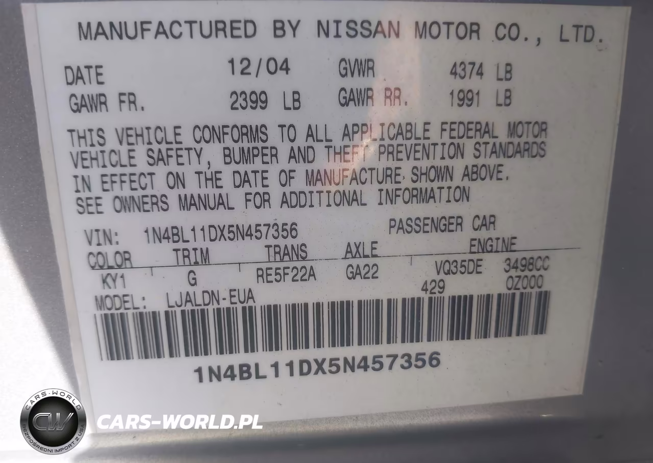 2005 Nissan Altima 3.5 Sl VIN:1N4BL11DX5N457356 - 9
