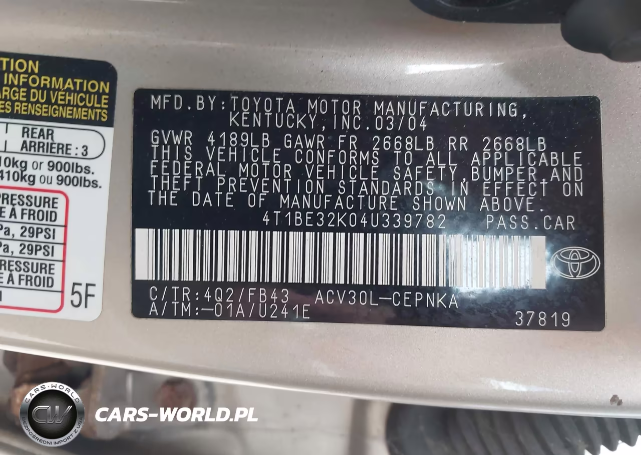 2004 Toyota Camry Le VIN:4T1BE32K04U339782 - 9