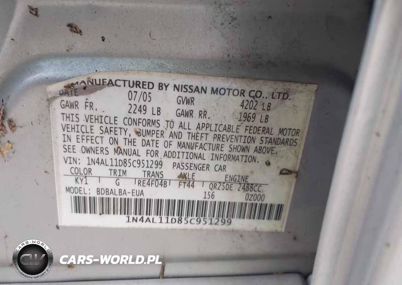 2005 Nissan Altima 2.5 S VIN:1N4AL11D85C951299 - 9