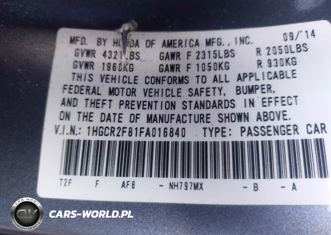 2015 Honda Accord Ex-L VIN:1HGCR2F81FA016840 - 9