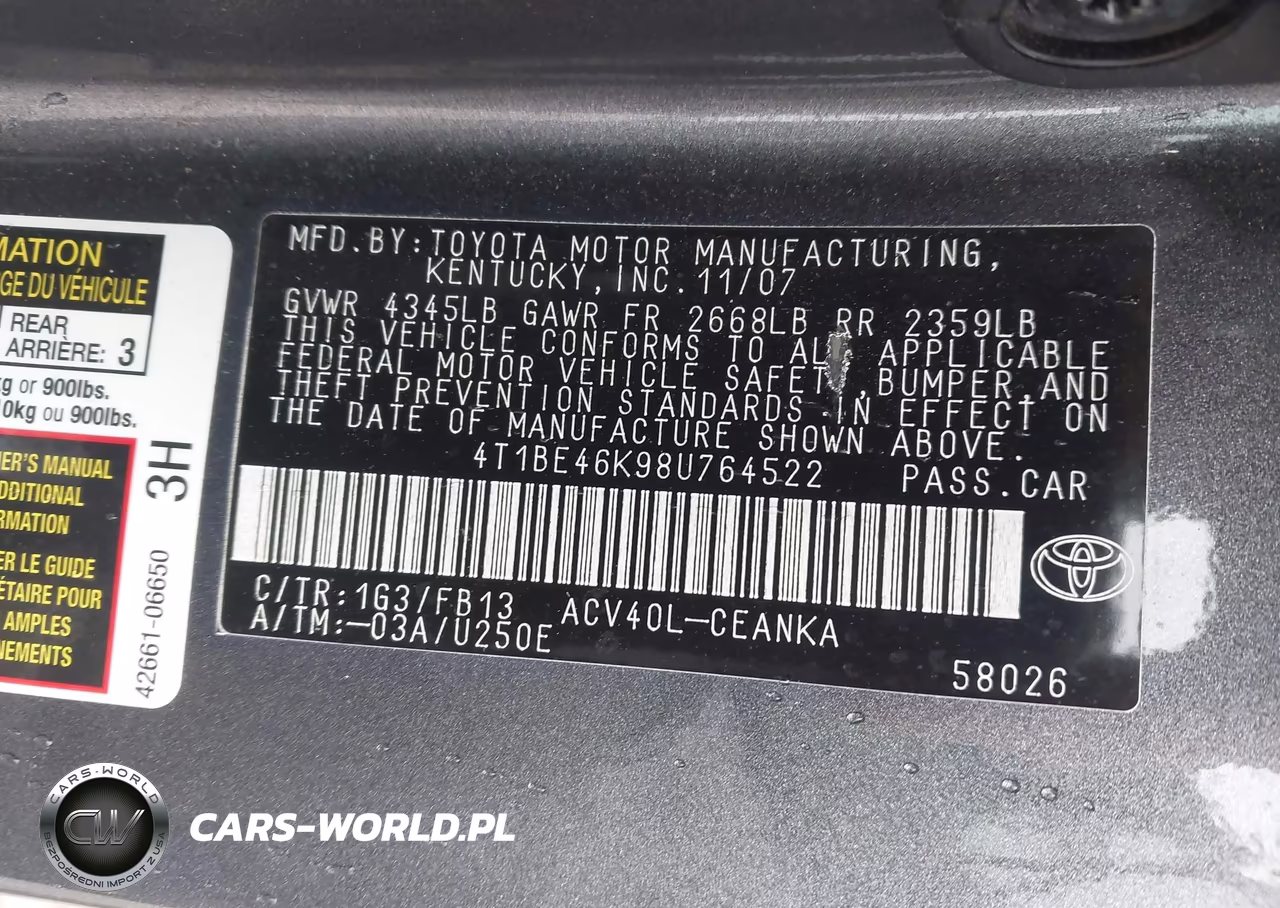 2008 Toyota Camry Le VIN:4T1BE46K98U764522 - 9