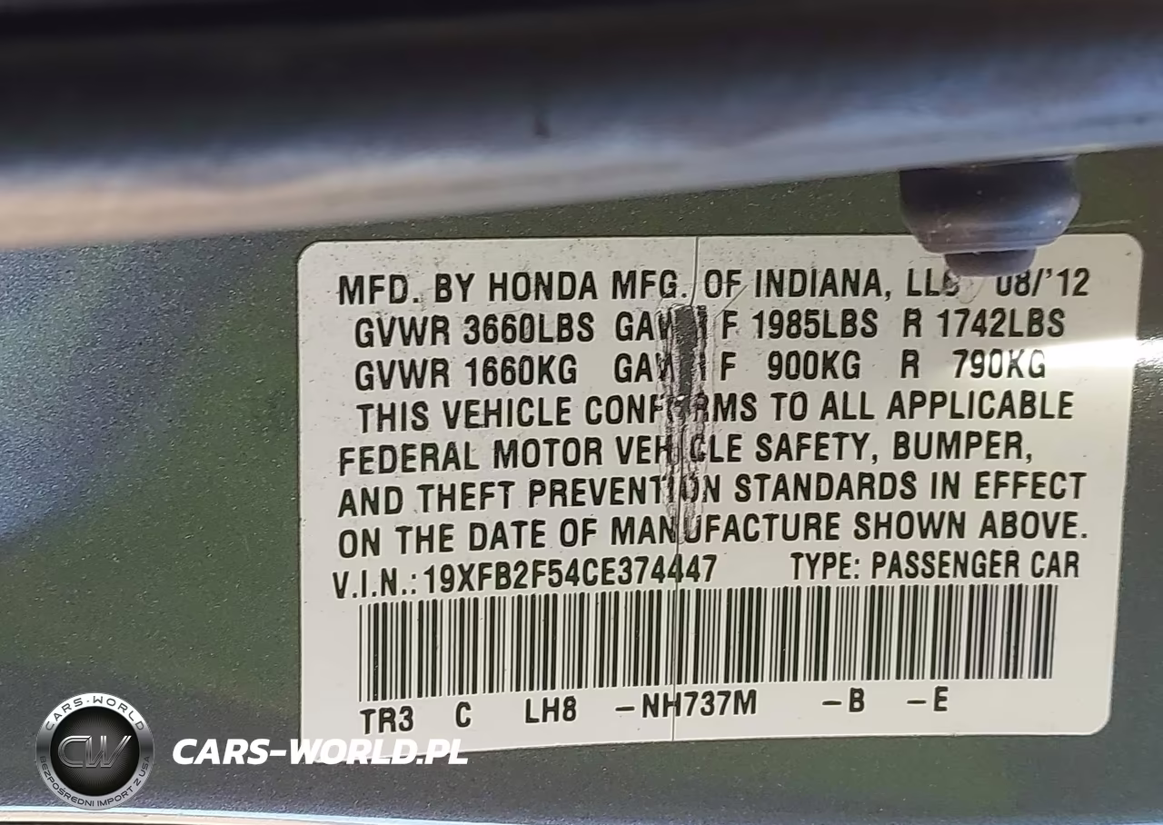 2012 Honda Civic Lx VIN:19XFB2F54CE374447 - 9