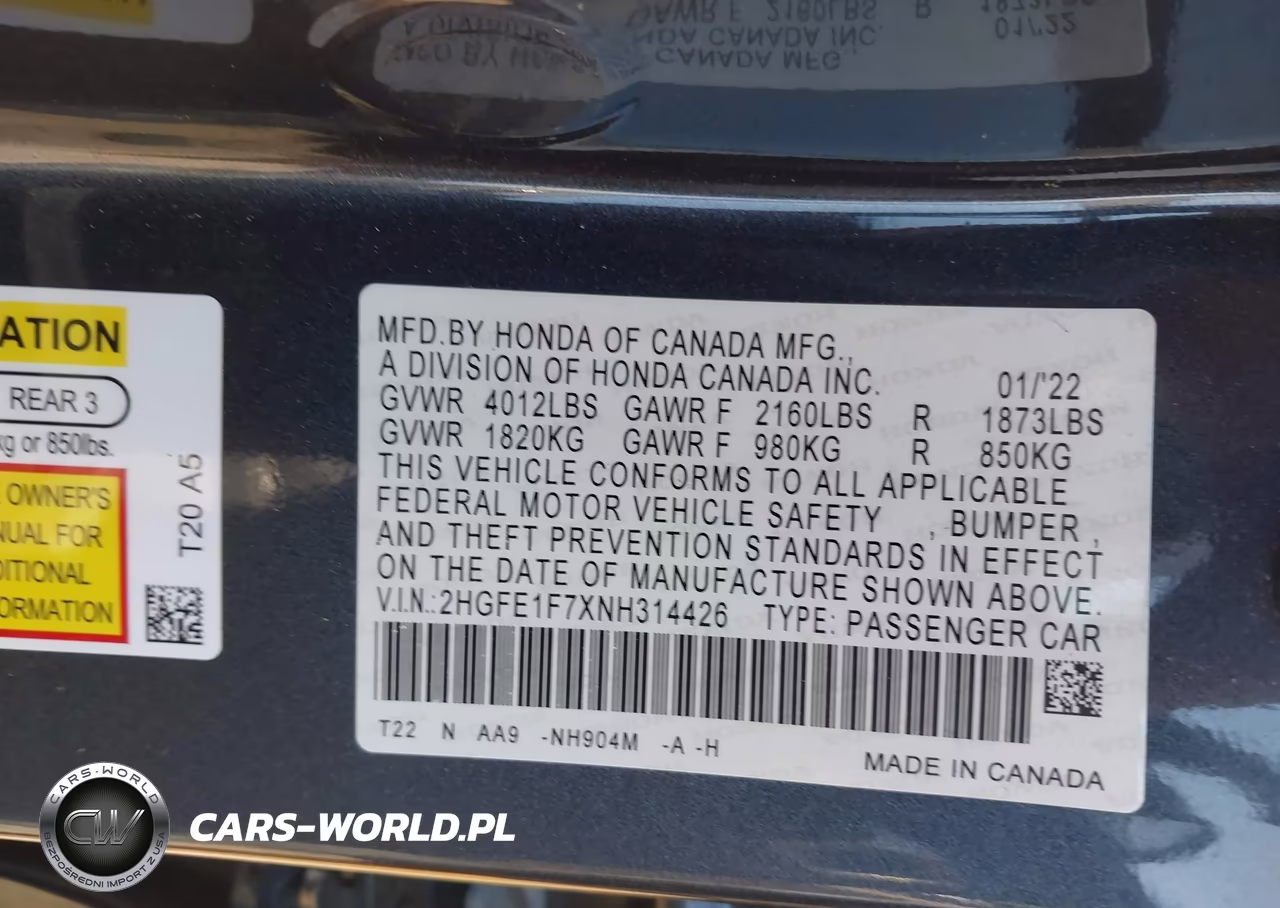 2022 Honda Civic Ex VIN:2HGFE1F7XNH314426 - 9
