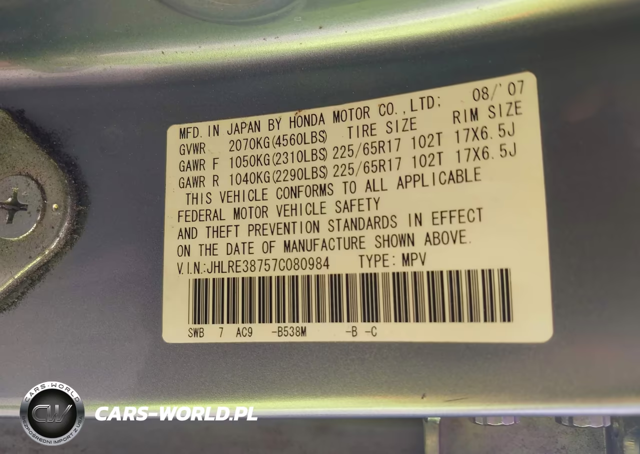 2007 Honda Cr-V Ex-L VIN:JHLRE38757C080984 - 9