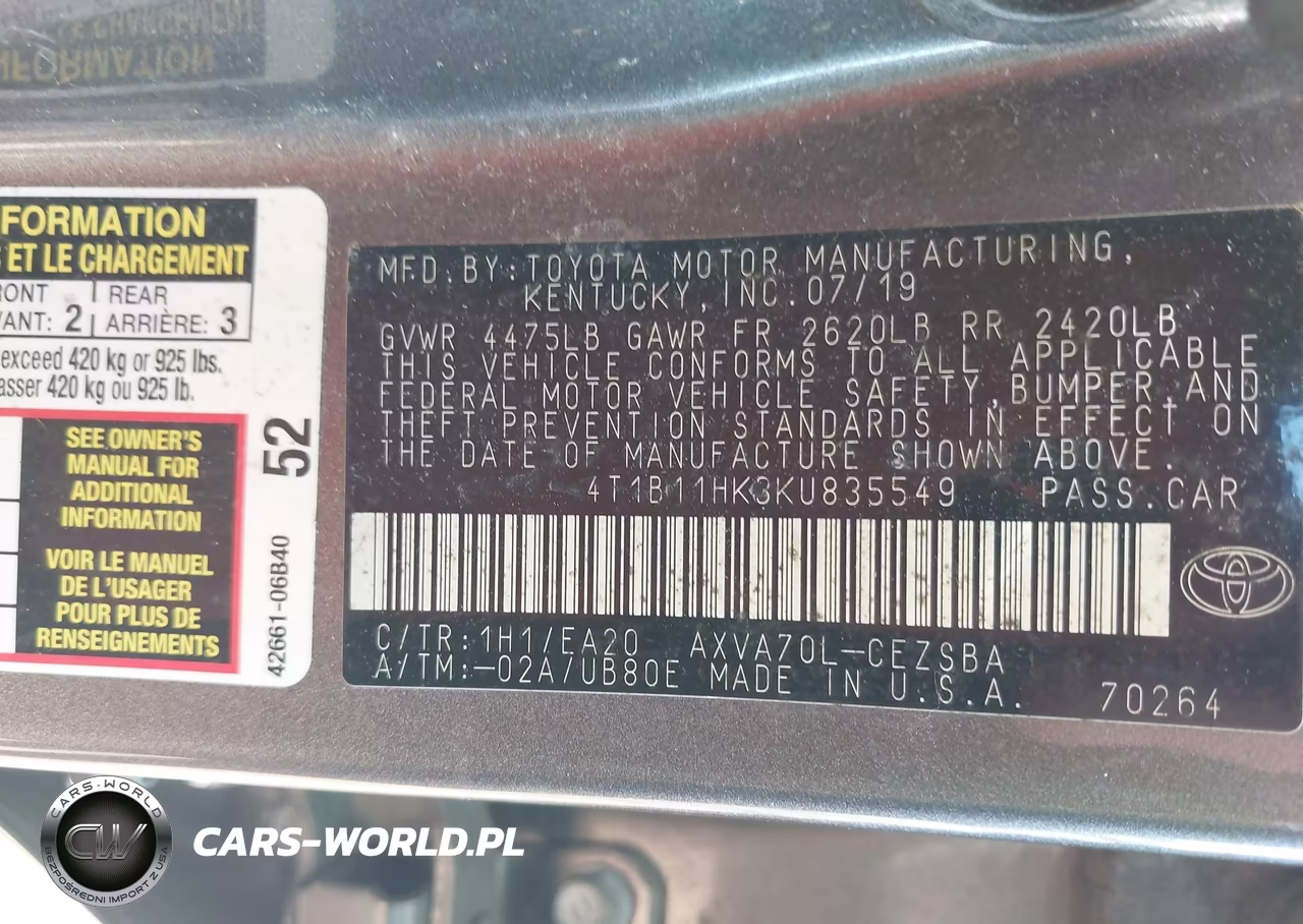 2019 Toyota Camry Se VIN:4T1B11HK3KU835549 - 9