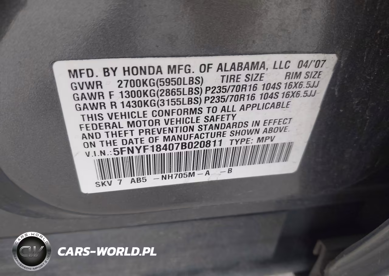 2007 Honda Pilot Ex VIN:5FNYF18407B020811 - 9