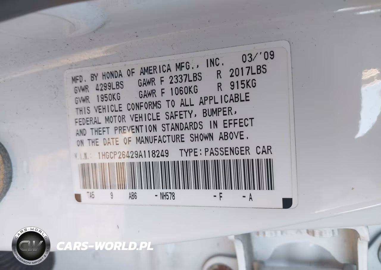 HONDA ACCORD LXP VIN:1HGCP26429A118249 - 9