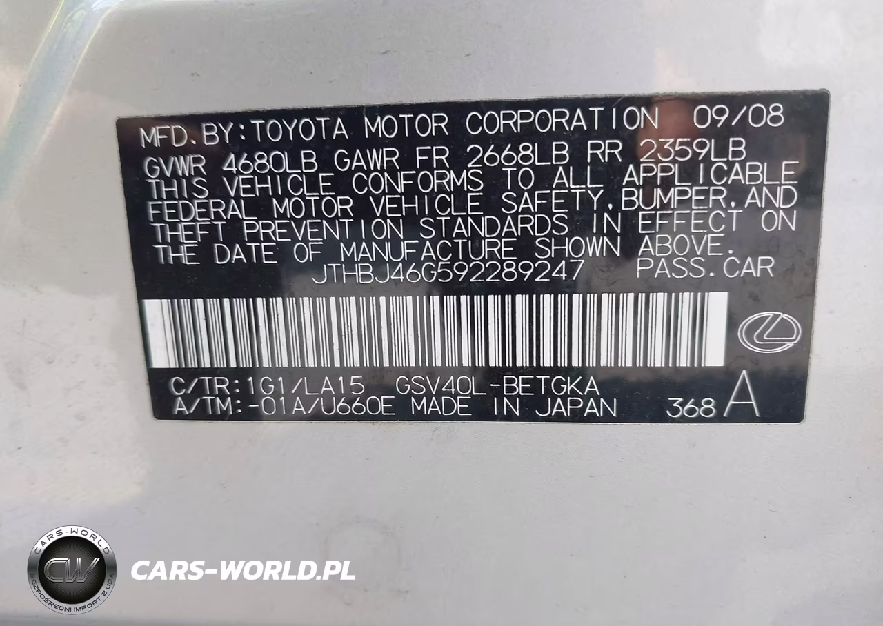 2009 Lexus Es 350 VIN:JTHBJ46G592289247 - 9