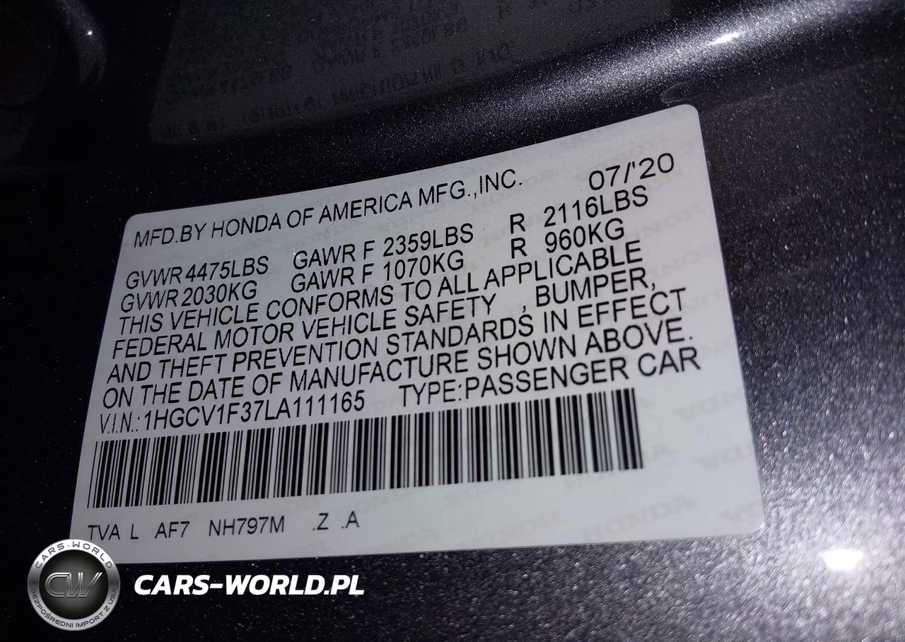 2020 Honda Accord Sport VIN:1HGCV1F37LA111165 - 9