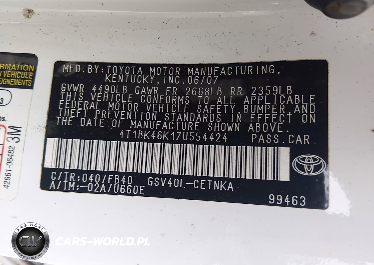 2007 Toyota Camry Le V6 VIN:4T1BK46K17U554424 - 9