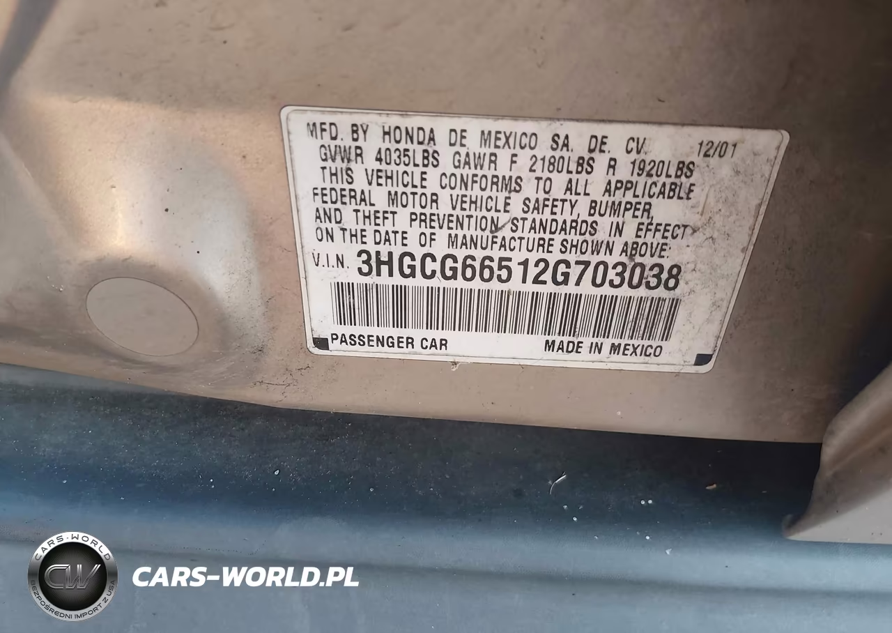 2002 Honda Accord 2.3 Lx VIN:3HGCG66512G703038 - 9