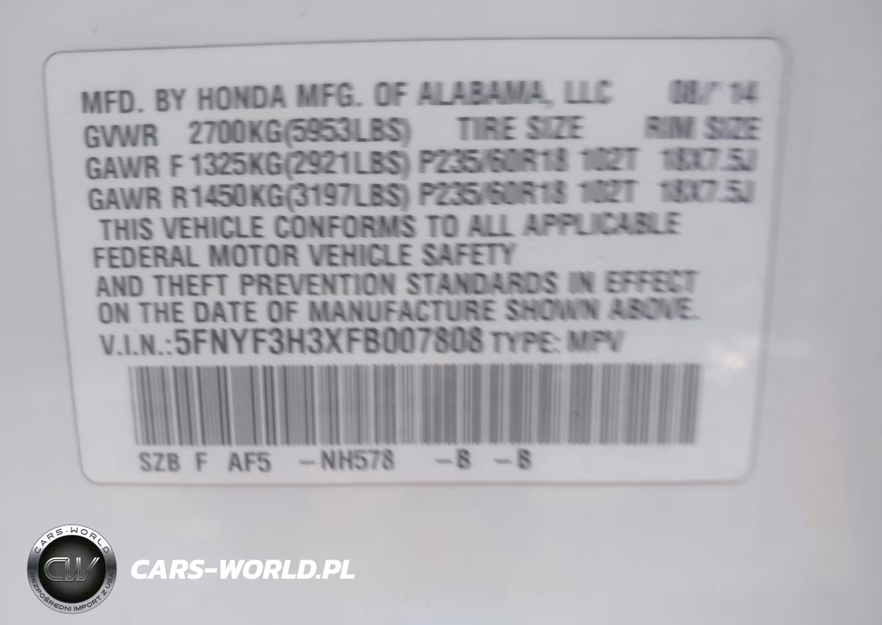 2015 Honda Pilot Se VIN:5FNYF3H3XFB007808 - 9