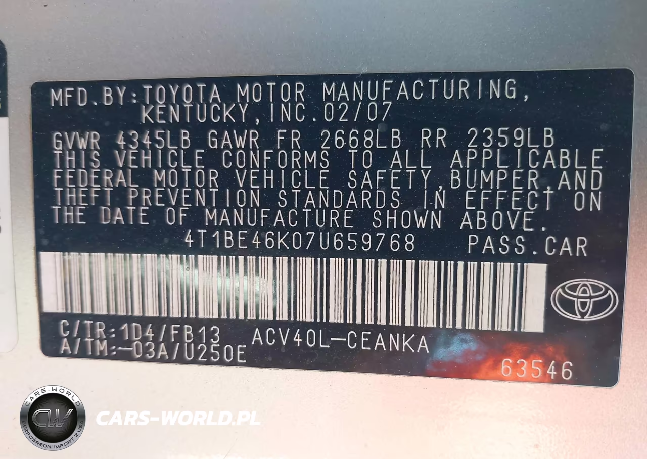 2007 Toyota Camry Le VIN:4T1BE46K07U659768 - 9