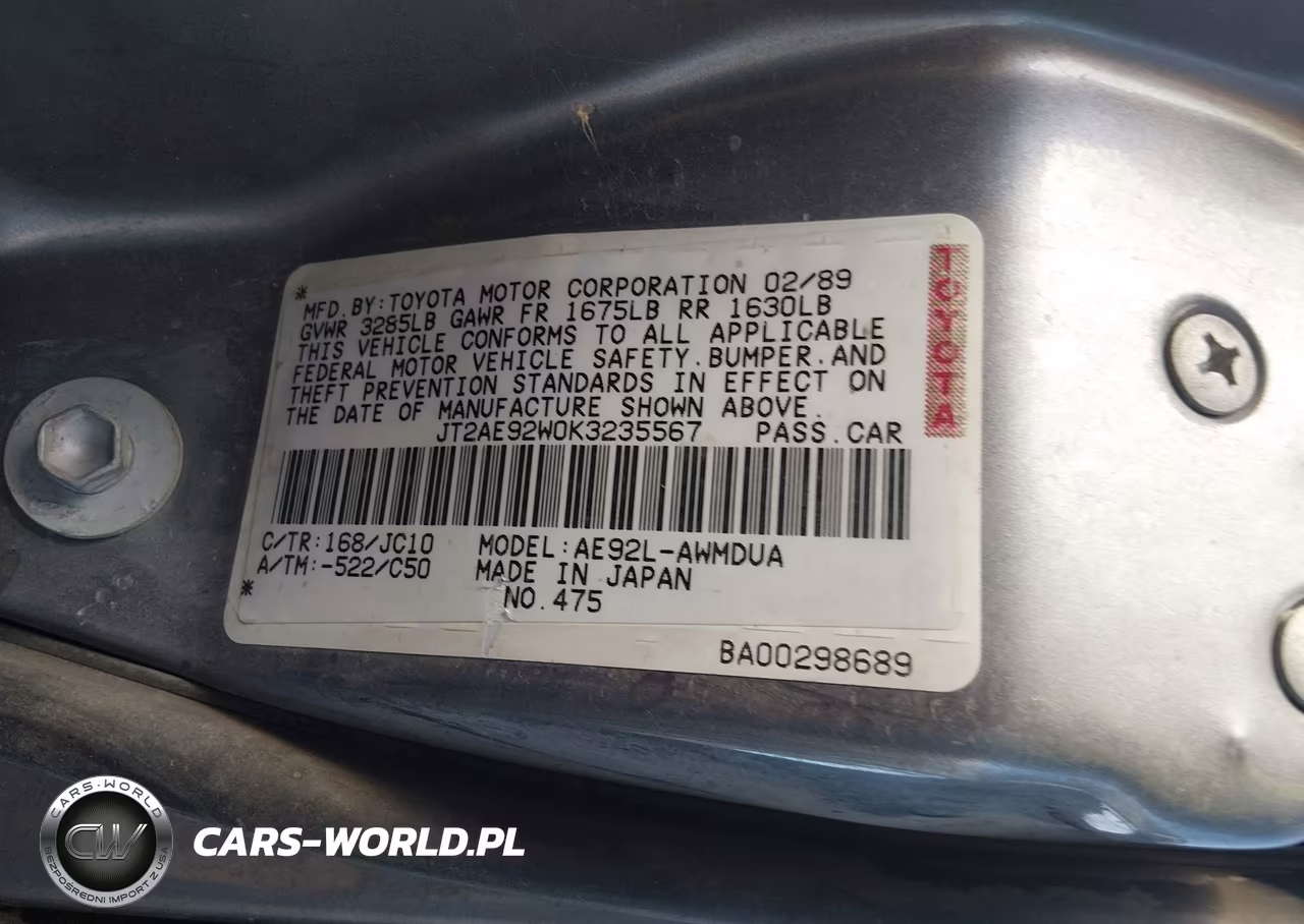 1989 Toyota Corolla Dlx VIN:JT2AE92W0K3235567 - 9