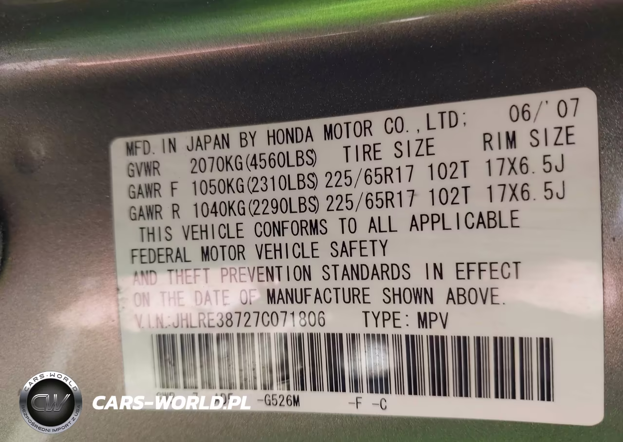 2007 Honda Cr-V Ex-L VIN:JHLRE38727C071806 - 9