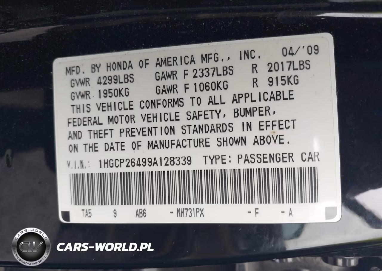 2009 Honda Accord 2.4 Lx-P VIN:1HGCP26499A128339 - 9
