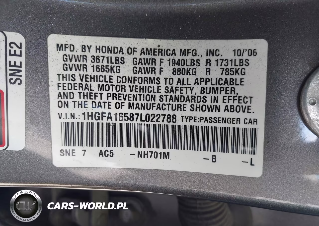 2007 Honda Civic Lx VIN:1HGFA16587L022788 - 9