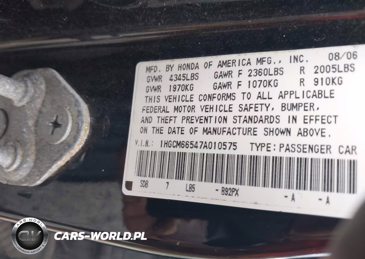 2007 Honda Accord 3.0 Ex VIN:1HGCM66547A010575 - 9