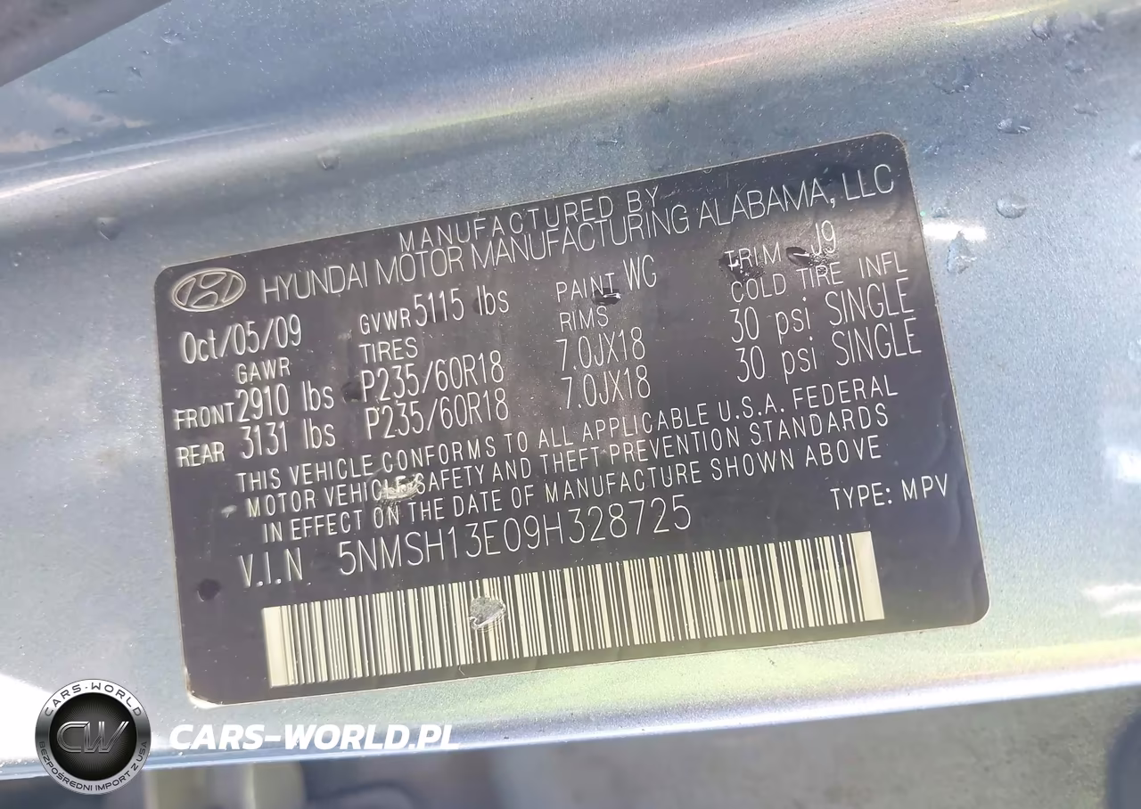 2009 Hyundai Santa Fe Limited VIN:5NMSH13E09H328725 - 9