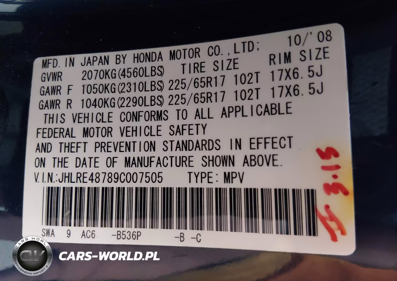 2009 Honda Cr-V Ex-L VIN:JHLRE48789C007505 - 9