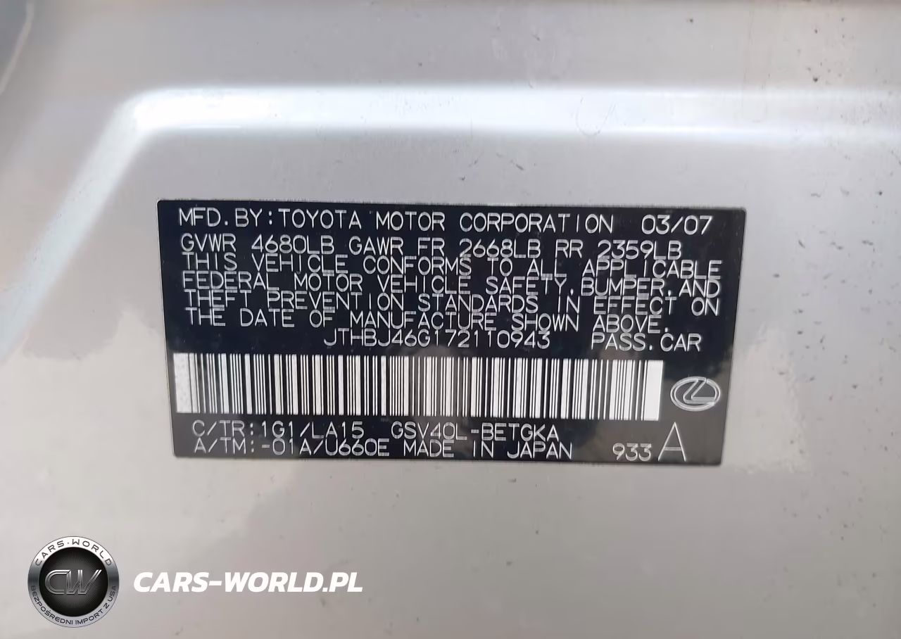 2007 Lexus Es 350 VIN:JTHBJ46G172110943 - 9