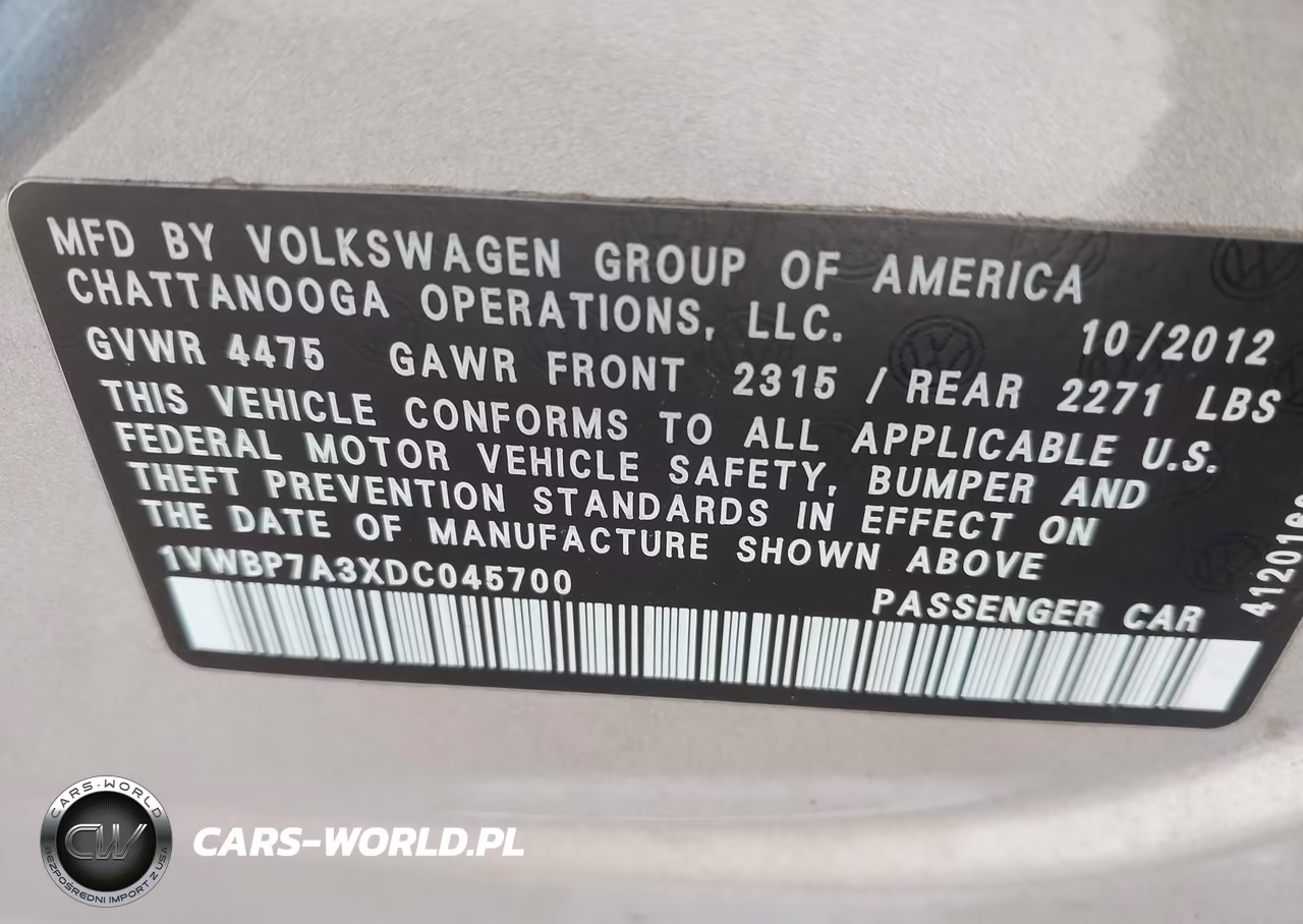 2013 Volkswagen Passat 2.5L Se VIN:1VWBP7A3XDC045700 - 9