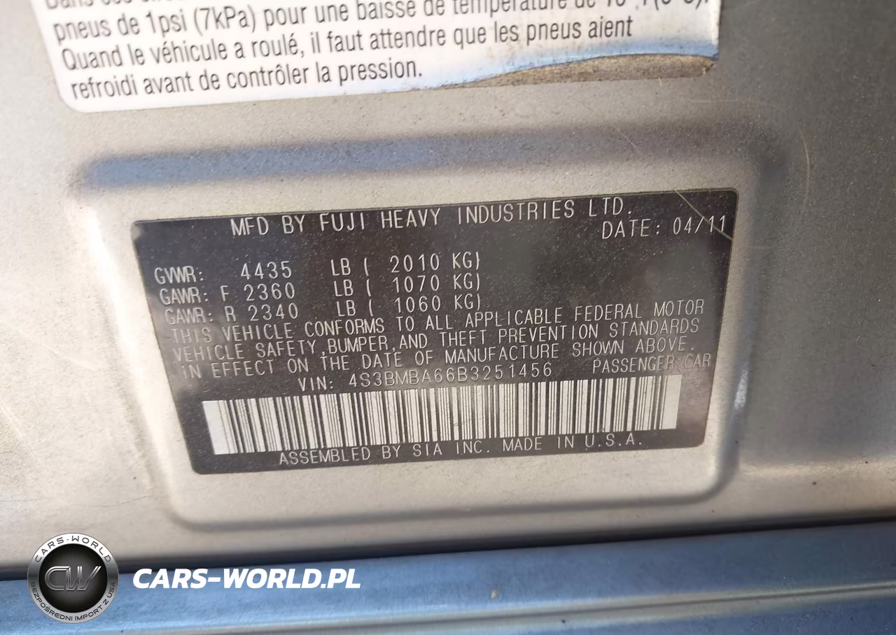 2011 Subaru Legacy 2.5I VIN:4S3BMBA66B3251456 - 9