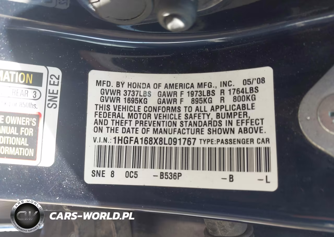 2008 Honda Civic Ex VIN:1HGFA168X8L091767 - 9