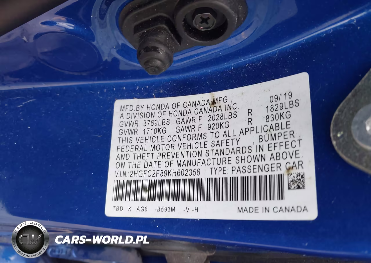 2019 Honda Civic Sport VIN:2HGFC2F89KH602356 - 9