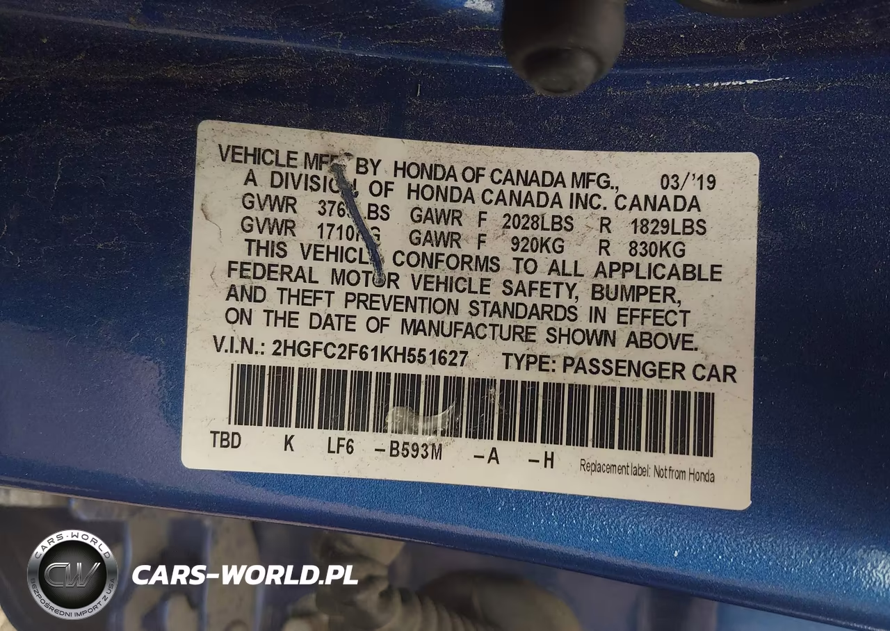 2019 Honda Civic Lx VIN:2HGFC2F61KH551627 - 9