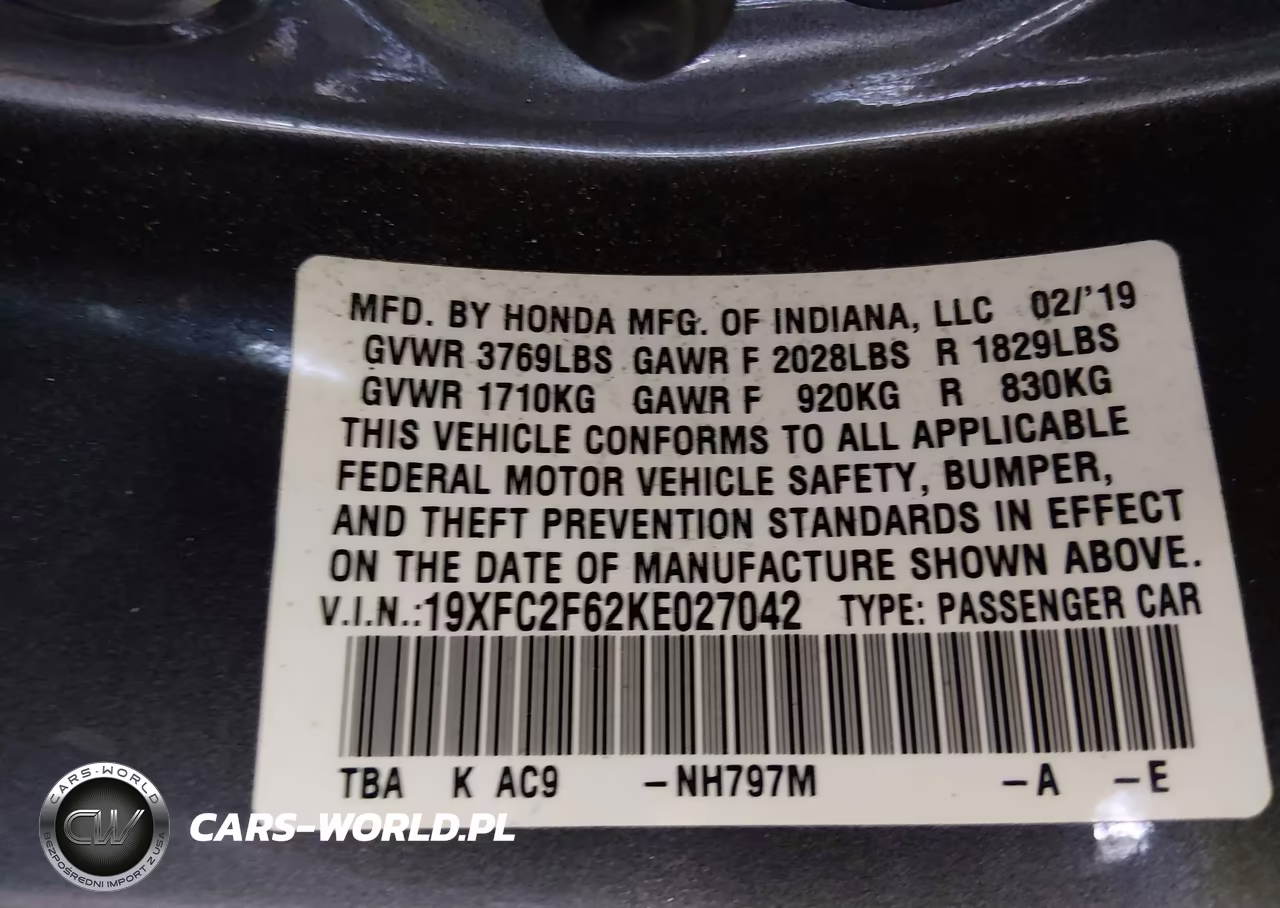 2019 Honda Civic Lx VIN:19XFC2F62KE027042 - 9