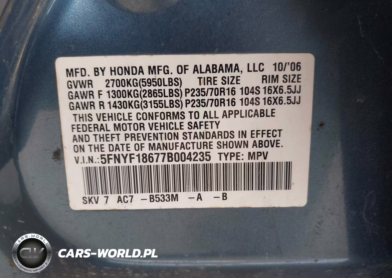 2007 Honda Pilot Ex-L VIN:5FNYF18677B004235 - 9
