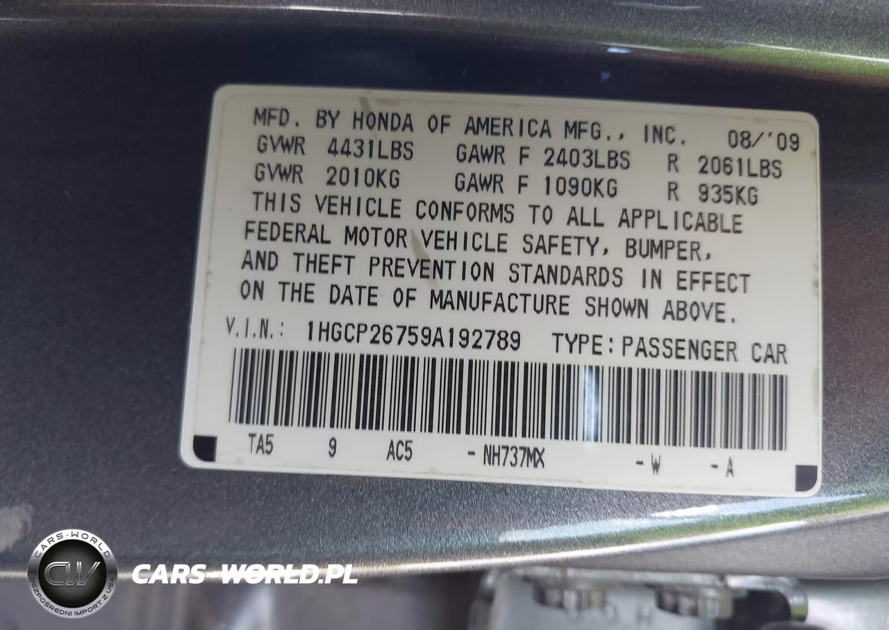 2009 Honda Accord 2.4 Ex VIN:1HGCP26759A192789 - 9