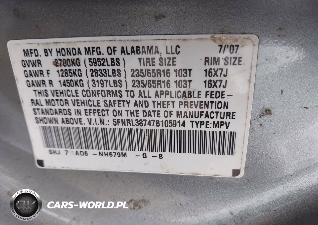 2007 Honda Odyssey Ex-L VIN:5FNRL38747B105914 - 9