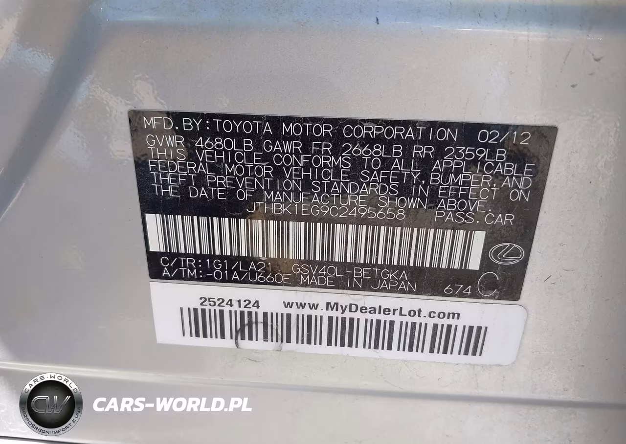 2012 Lexus Es 350 VIN:JTHBK1EG9C2495658 - 9