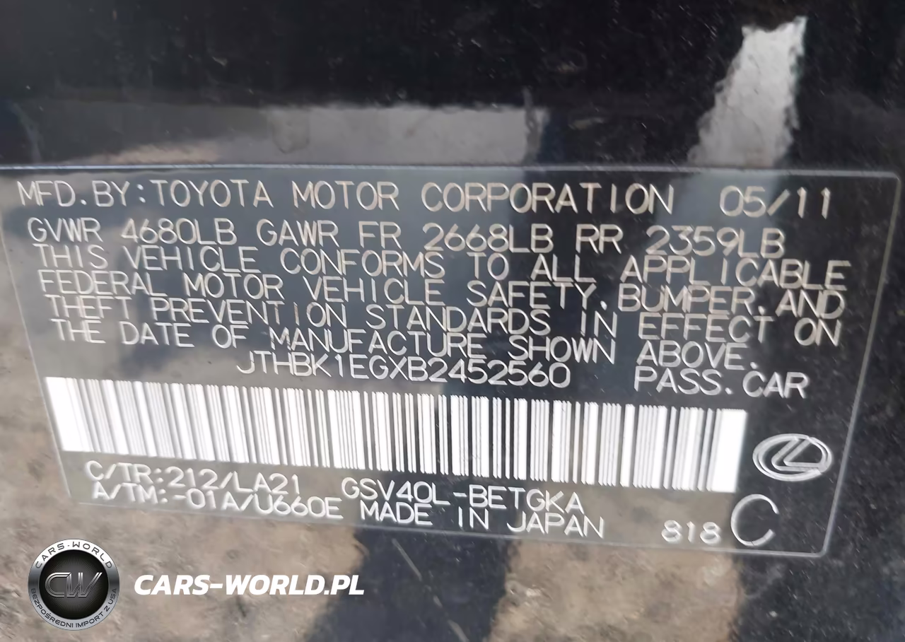 2011 Lexus Es 350 VIN:JTHBK1EGXB2452560 - 9