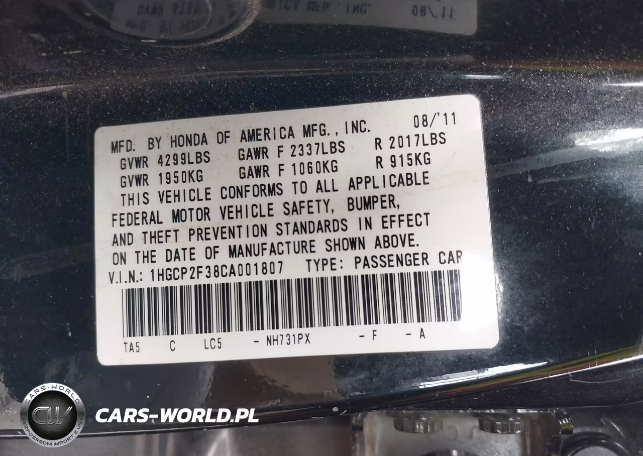 2012 Honda Accord 2.4 Lx VIN:1HGCP2F38CA001807 - 9
