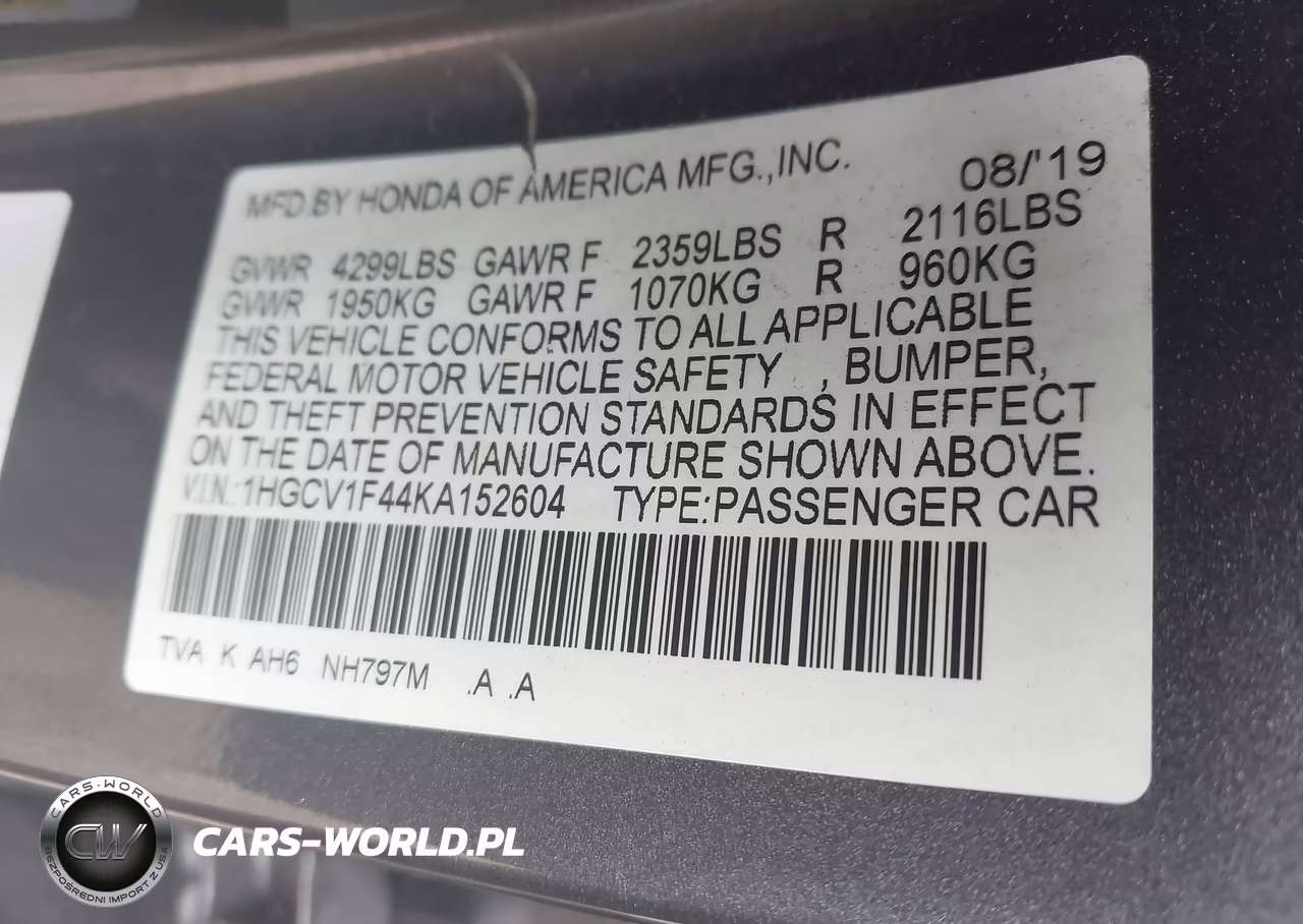2019 Honda Accord Ex VIN:1HGCV1F44KA152604 - 9