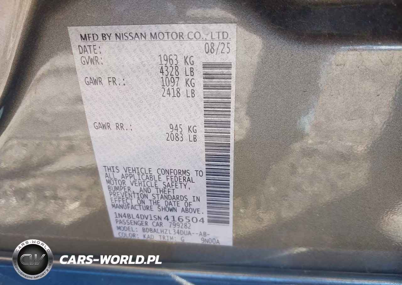 2025 Nissan Altima Sv Fwd VIN:1N4BL4DV1SN416504 - 9
