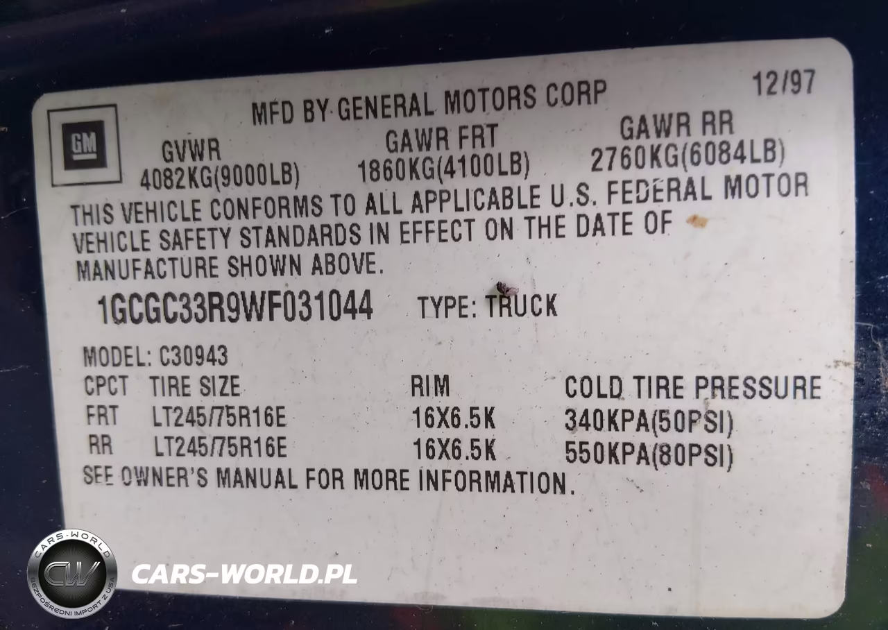 1998 Chevrolet C3500 VIN:1GCGC33R9WF031044 - 9