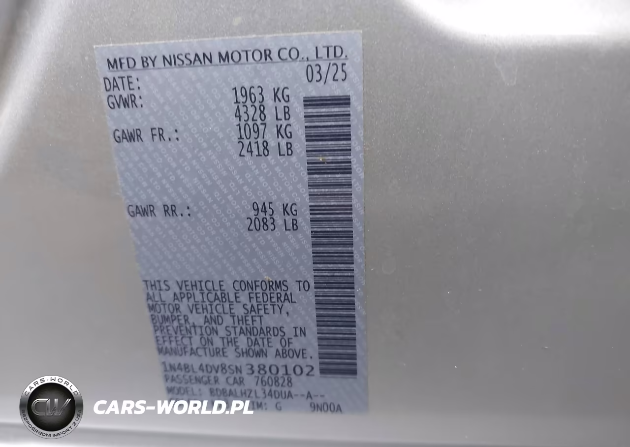 2025 Nissan Altima Sv Fwd VIN:1N4BL4DV8SN380102 - 9