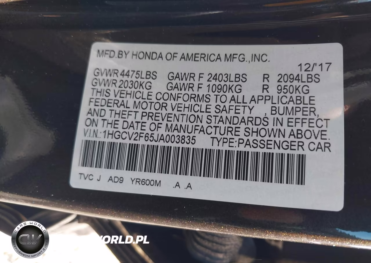 2018 Honda Accord Ex-L 2.0T VIN:1HGCV2F65JA003835 - 9