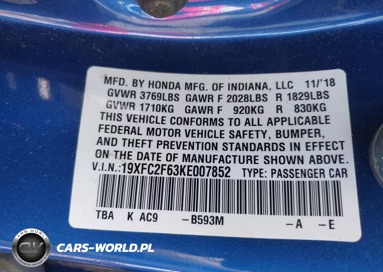 2019 Honda Civic Lx VIN:19XFC2F63KE007852 - 9