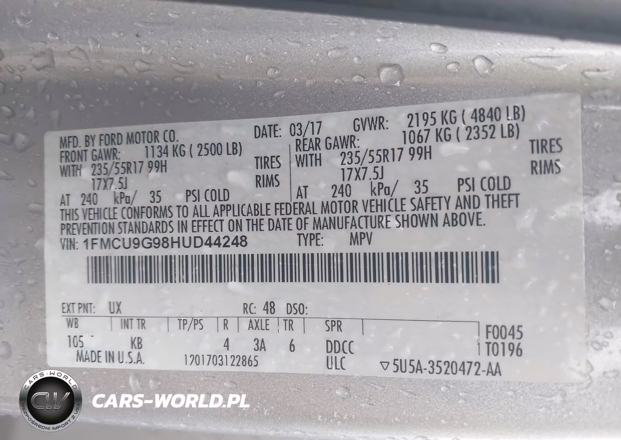 2017 Ford Escape Se VIN:1FMCU9G98HUD44248 - 9